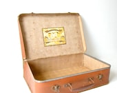 brown cardboard french suitcase, small decorative cardboard suitcase, vintage french home decor, doll suitcase