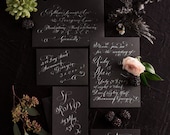 Laura Lavender Calligraphy - Hand Lettered Invitation Suite - weddings - White Calligraphy on Black