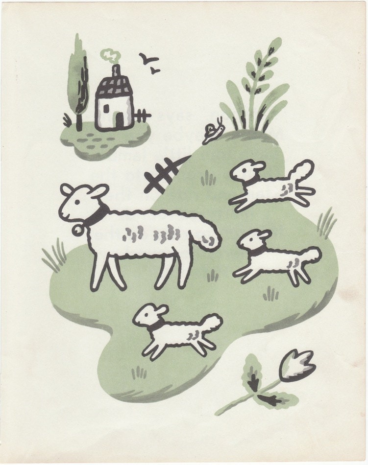 1950s Vintage book print Sheep and three lambs from 1951 childrens book by Francoise spring green wall art nursery decor
