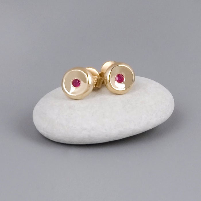 Ruby Gold Studs Earrings - Pebbles - Solid 14k Gold Earrings