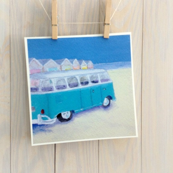 Summer vacation, vw van, beach, surf art, beach nursery, home decor, surfers, 8x8 inch print from an original painting by Cathie Carlson