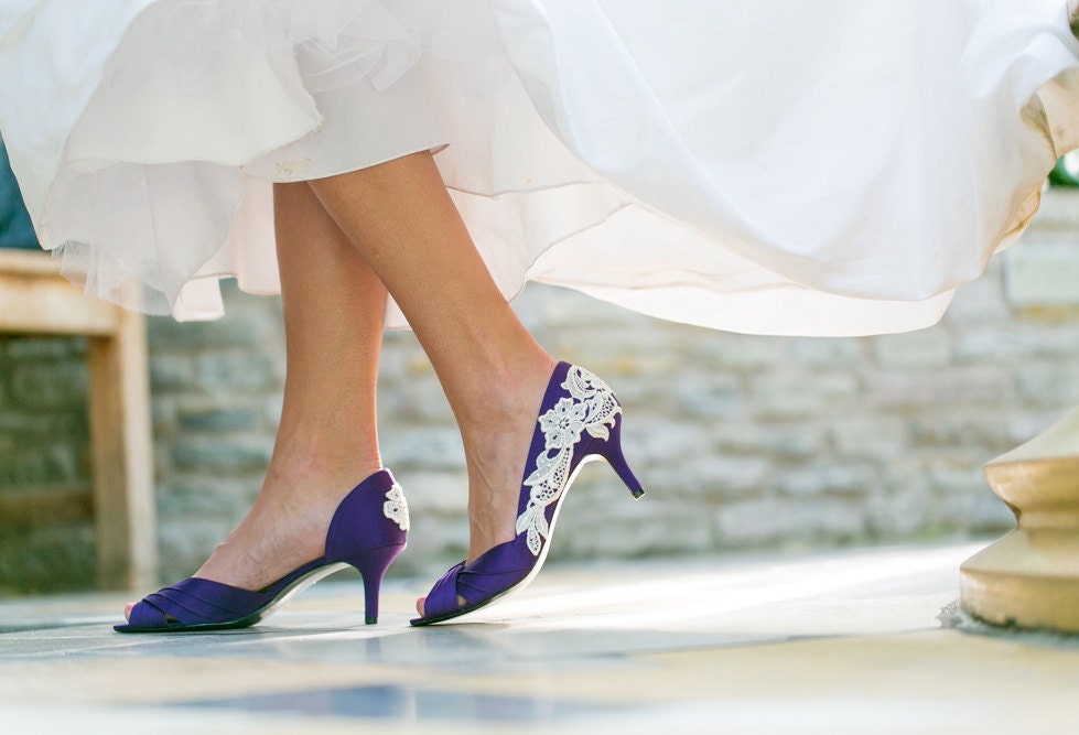 Wedding Shoes - Purple Wedding Heels, Purple Bridal Shoes with Ivory Lace. US Size 8