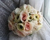 Pastel Bridal Bouquet - Romantic Ranunculus and  Preserved Rose Boutonniere - Spring Wedding Bouquet - Burlap and Lace