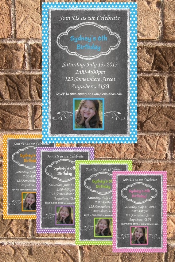 5 Color Choices 1st 2nd 3rd 4th 5th Birthday Party Chalkboard Photo Invitation with Free Thank You Il_570xn