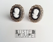 Queen Victoria Silhouette Earrings - Cameo Black and Gold Victorian Studs - Vintage Style - Downton Abbey inspired - Surgical Steel Posts