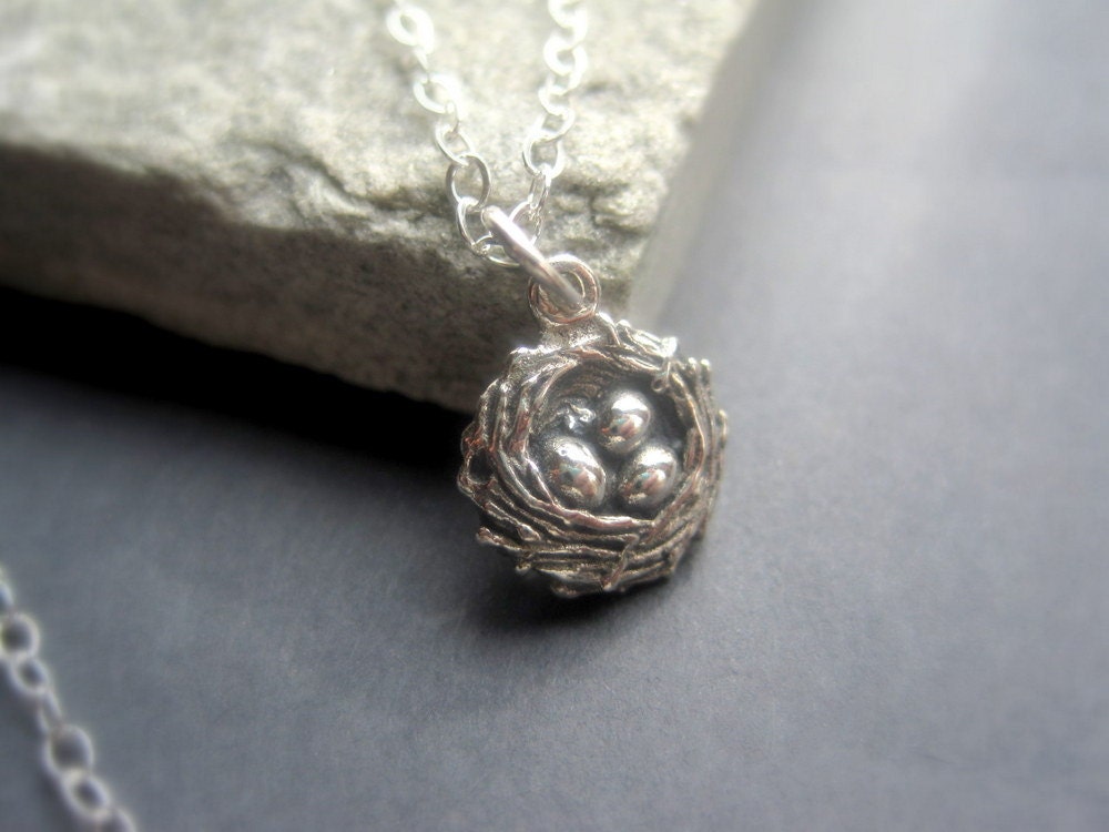 Sterling Silver Tiny Bird Nest Necklace -  Birds Nest Egg Necklace - Spring Necklace - Nature Jewelry