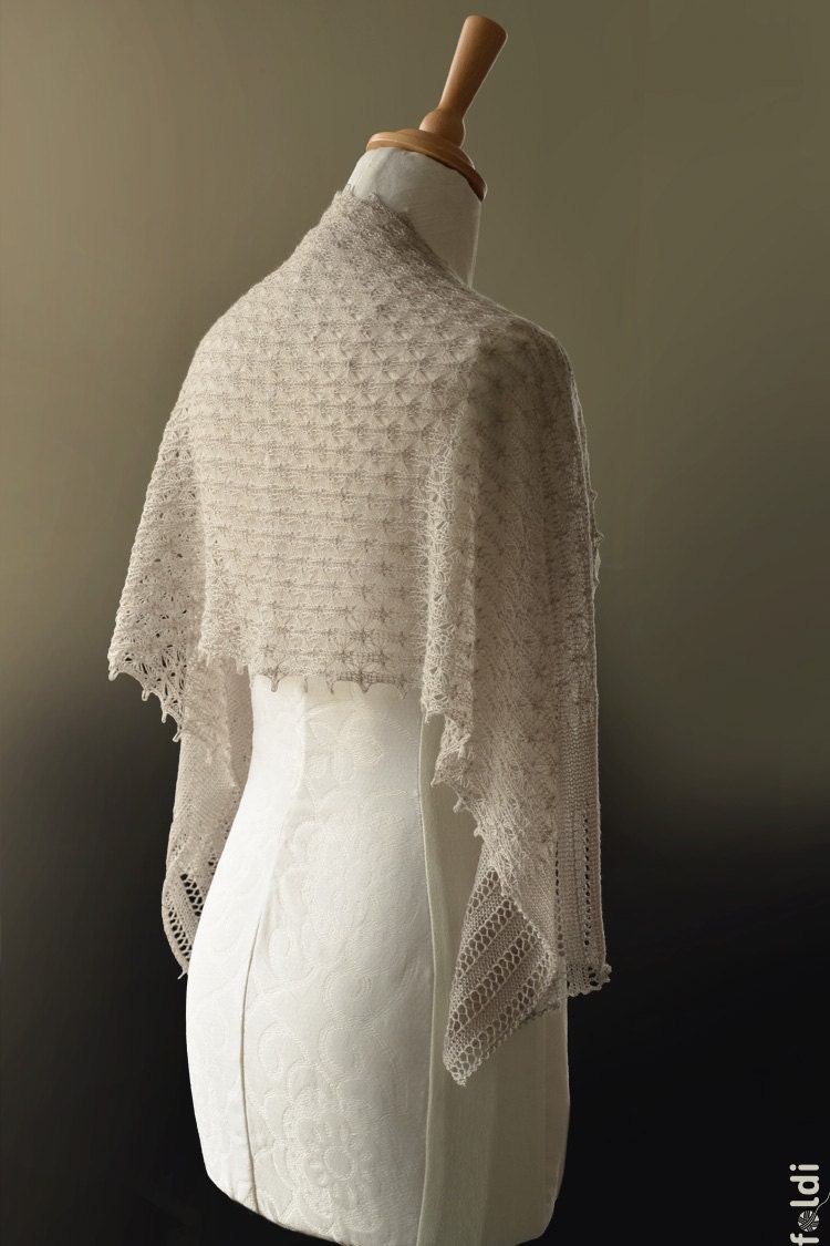 Knitted beige light tan brown merino summer lace scarf stole wrap