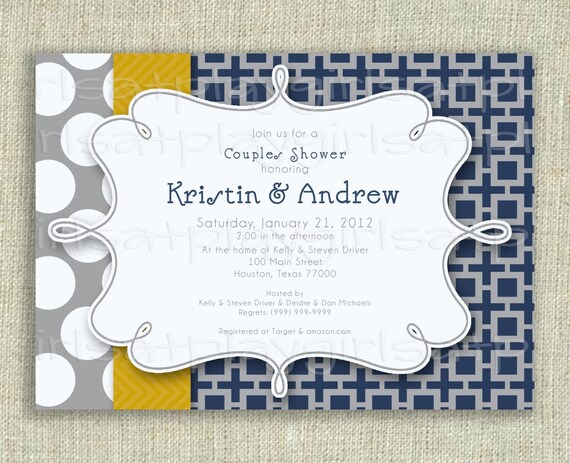 Modern Bridal Couples Shower Invitation Gray Navy Gold Polka Dots DIGITAL Printable by girlsatplay Il_570xn