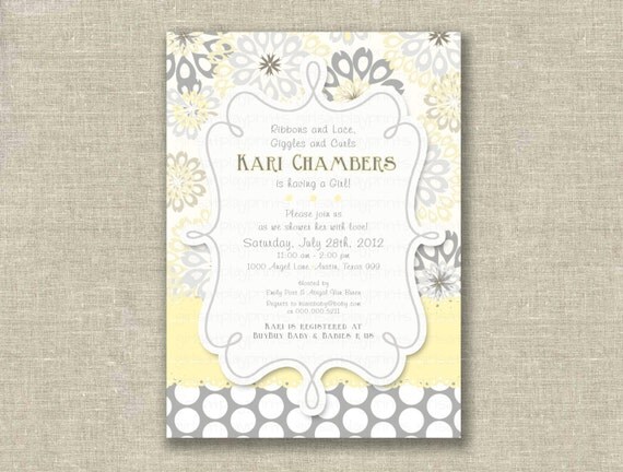 Modern Baby Shower Girl Invitation Invite Yellow Gray Floral Polka Dots - Printable DIGITAL - by girls at play girlsatplay Il_570xn