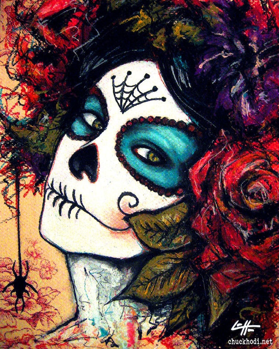 Print 8x10" - Day of the Dead Senorita 5 - portrait dia de los muertos mexican holiday death roses flowers dark art lowbrow spiders