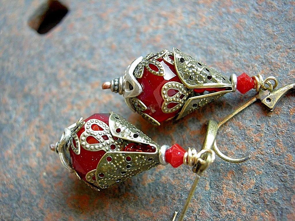 Blood Red Gothic Earrings . Edwardian Style, Downton Dramatic, Sparkling Crystal & Filigree