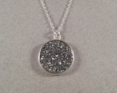Silver Druzy Necklace, Druzy Pendant Necklace, Sterling Silver Necklace, Metallic Gray Druzy - juliegarland