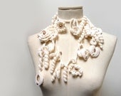 Crochet Lariat Necklace - Freeform Scarflette - Cream White Flowers and Leaves with Light Brown Glass Pearls - ZOE - ixela