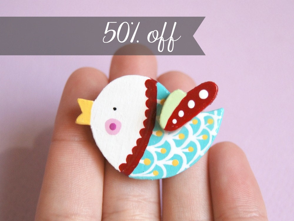 Bird brooch, wooden animal jewelry, illustrated pin, sale