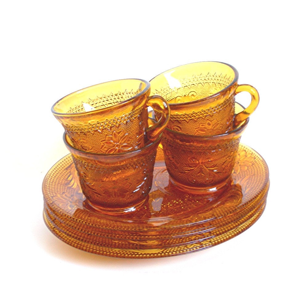 Tiara Amber Sandwich Glass Snack Plates & by AtticDustAntiques