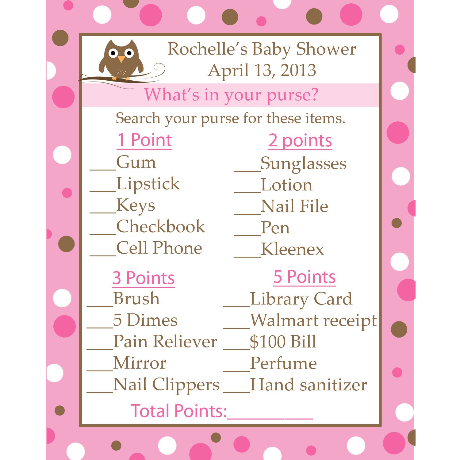 901 New baby shower game cards 604   Baby Shower Game Cards   What's in Your Purse   Pink Baby Owl 