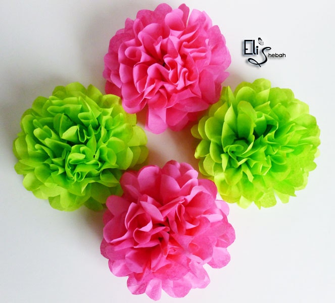 Wedding Napkin rings flowers Hot Pink Lime Green Tissue Pom Poms Birthdays Showers Christening