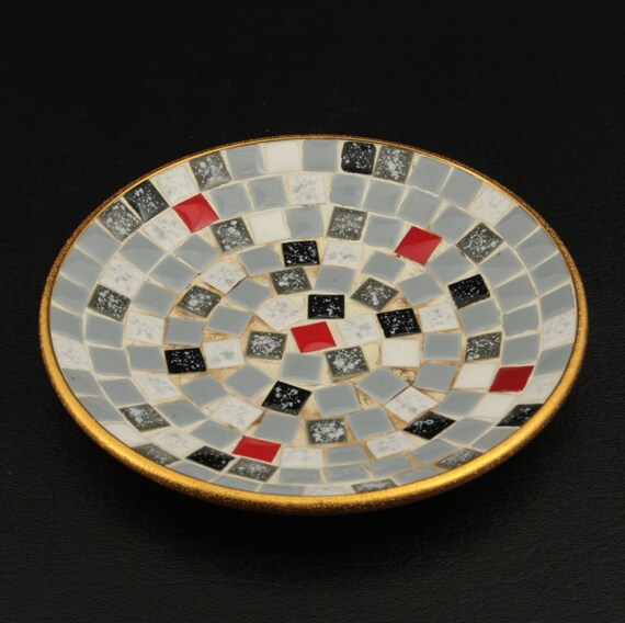 Mid Century Mosaic Tile Ashtray Grey Red Black Vtg by charmings