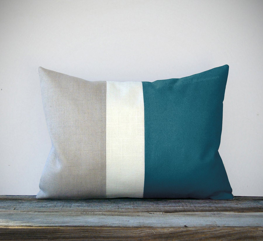 Teal Color Block Decorative Pillow with Cream and Natural Linen Stripes by JillianReneDecor - Summer Home Decor - Nautical Color-block - JillianReneDecor