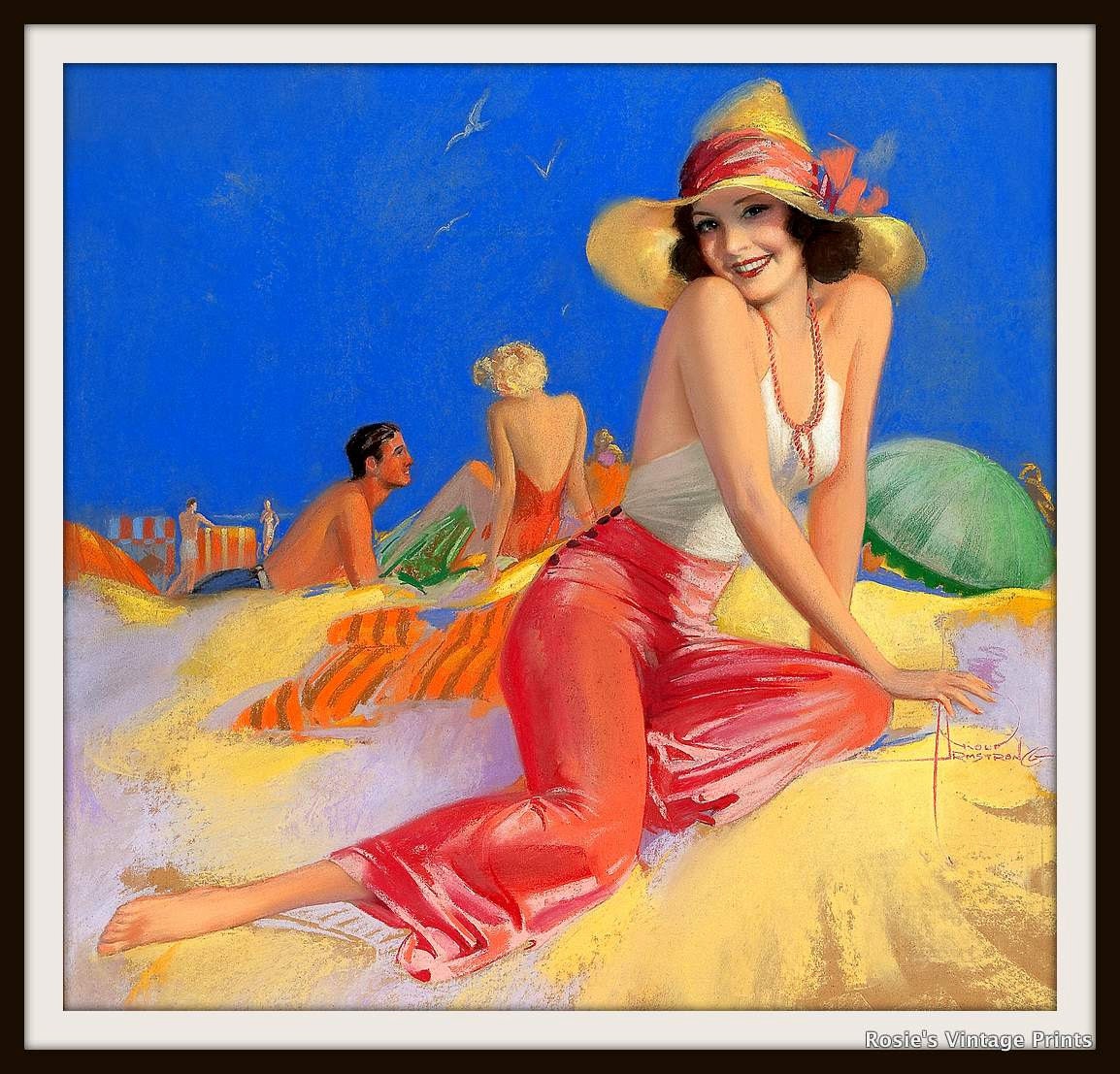 Cute Girl on Beach Vintage PINUP GIRL by Rolf Armstrong circa 1930- Giclee Fine Art Print