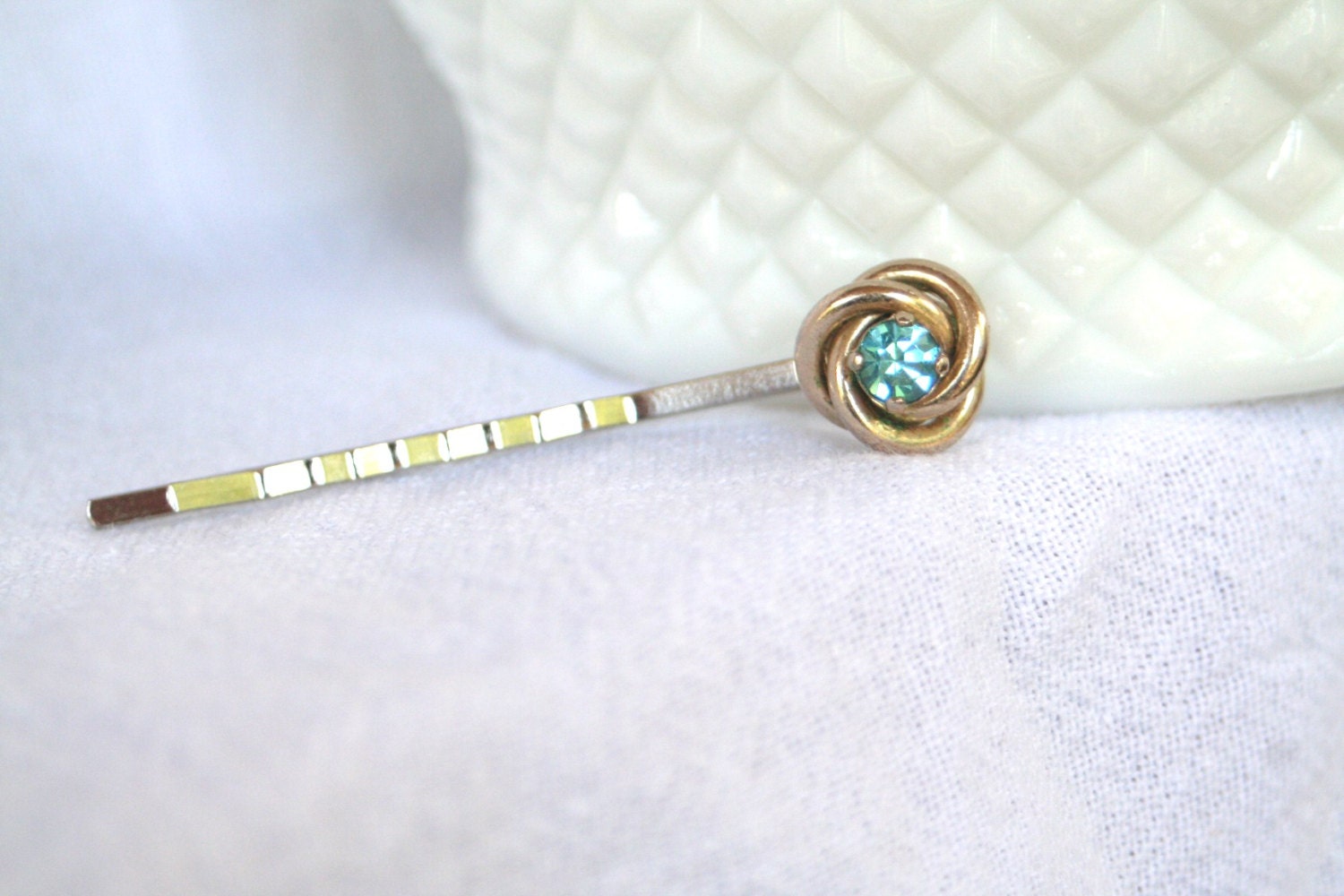 Tiffany Blue Rhinestone Turquoise Gold Knot Upcycled Vintage Hairpin