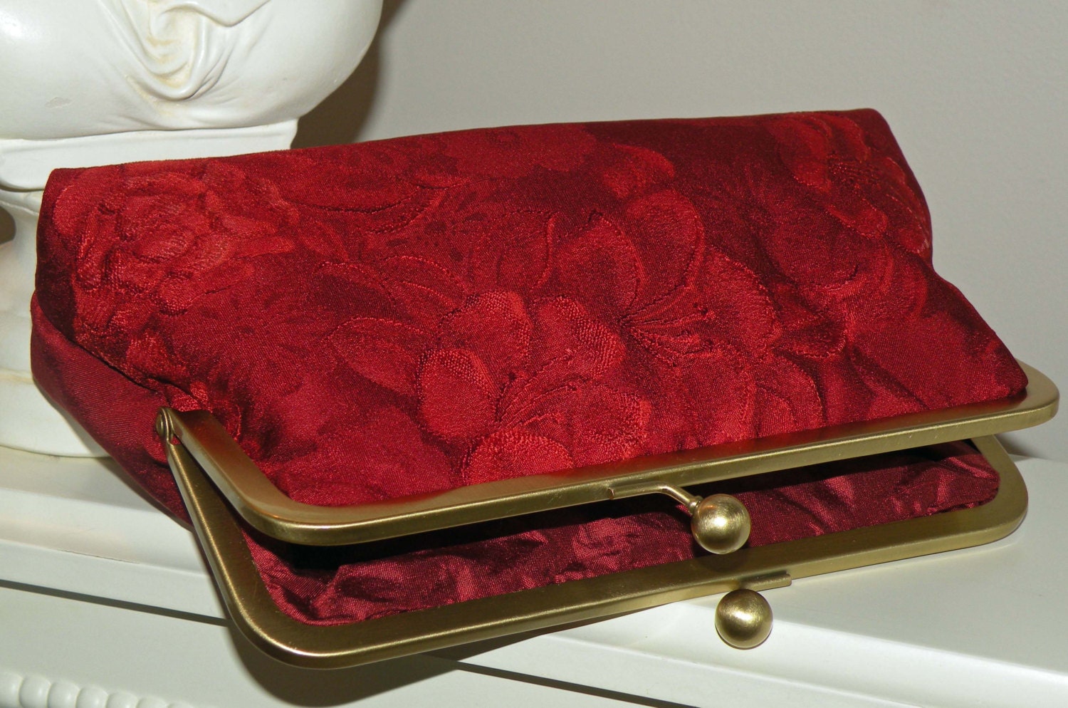 Peony Silk Kimono Fabric Clutch/Purse/bag...Bridal/Wedding Party Gift..Vermillion Red..Reddish Brown - Paulownias