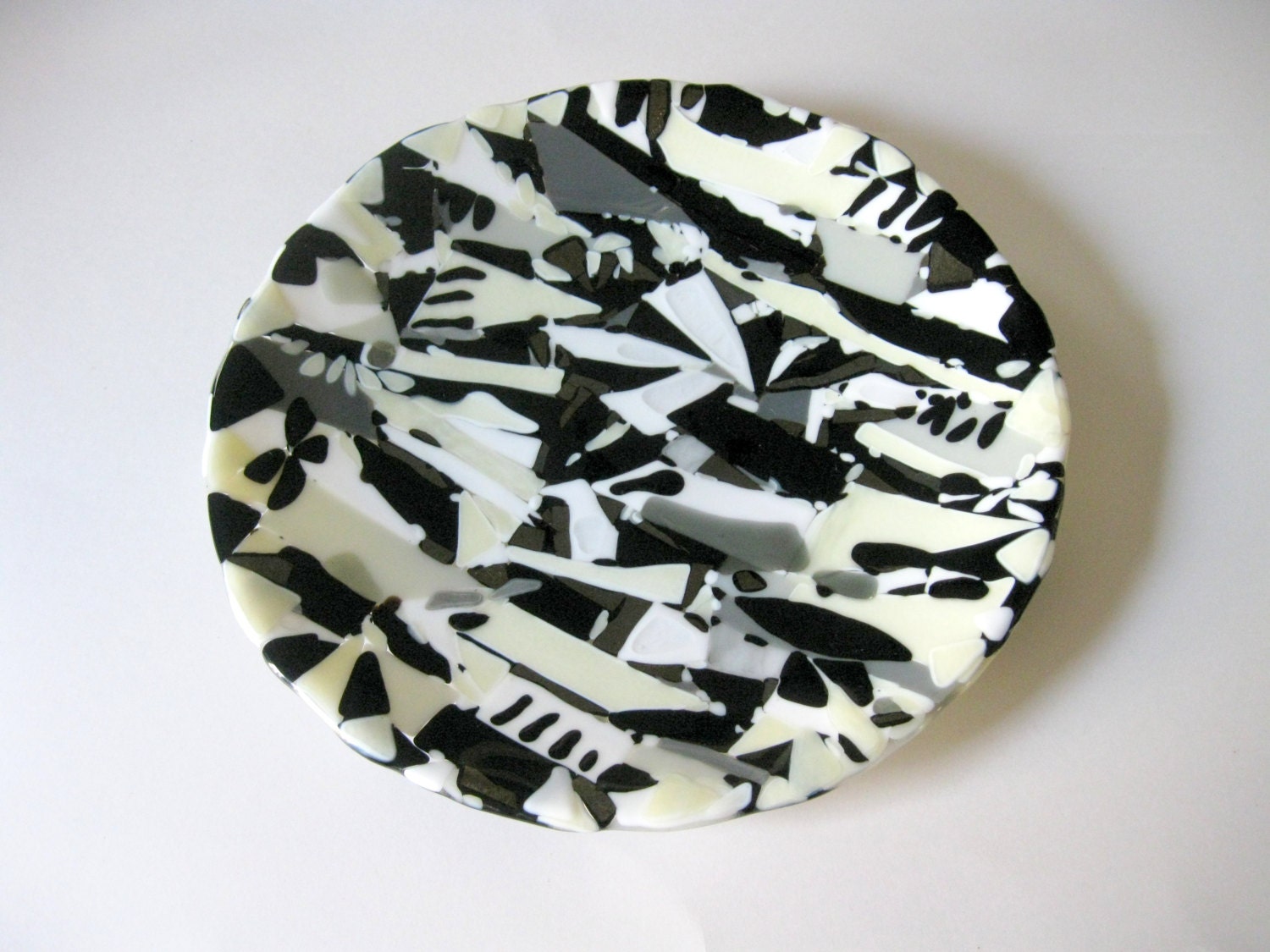 abstract art glass serving plate, black and white modern home and