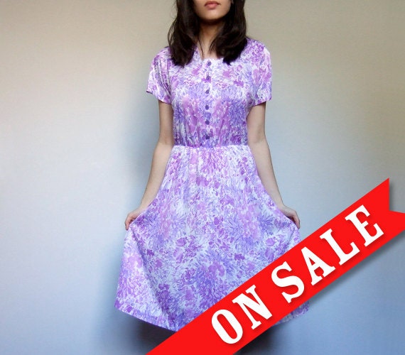 Purple Floral Dress Short Sleeve Sundress Summer Dress Pastel Garden Party Dress - Medium M