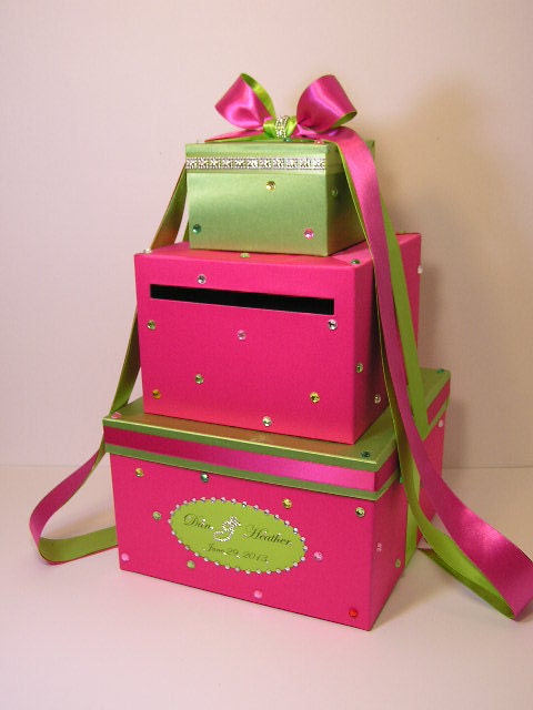 Hot pink(shock pink) and Lime green Wedding Card Box Sweet 16 Gift Card Box Money Box  Holder  --Customize your color