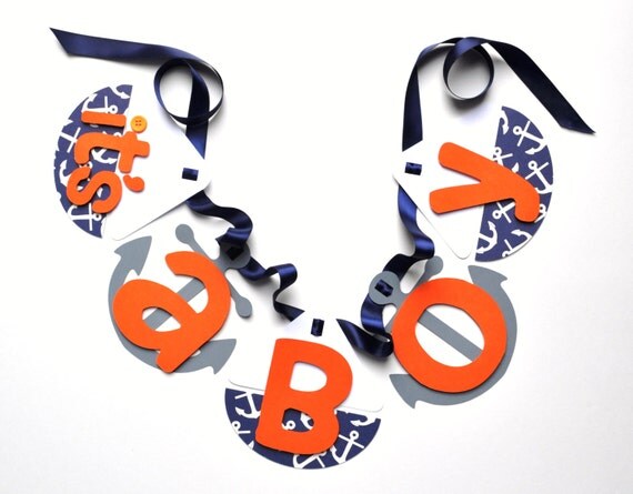 Nautical baby shower decorations navy blue and orange sailboat and anchor banner by ParkersPrints on Etsy Il_570xn