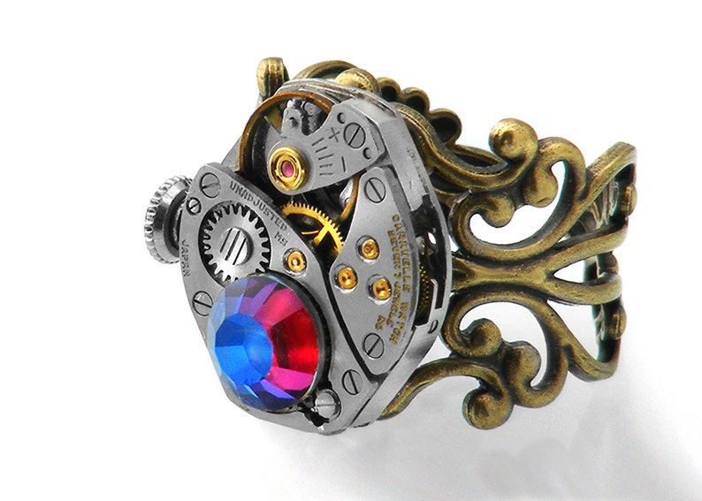 Steampunk Ring, Chameleon Crystal & Vintage Watch Mechanism - Adjustable ring
