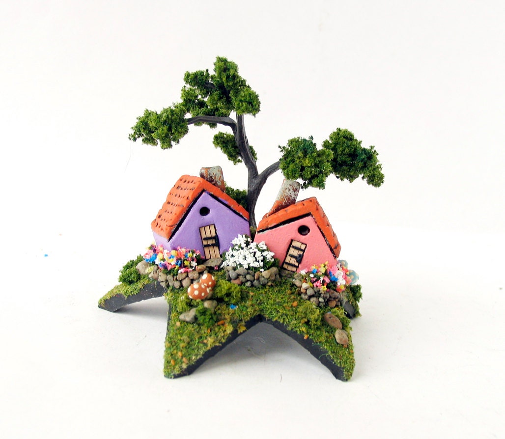 Items similar to The Fairy Grotto of Cottages Upon a Star Miniature Lilac Purple and Salmon