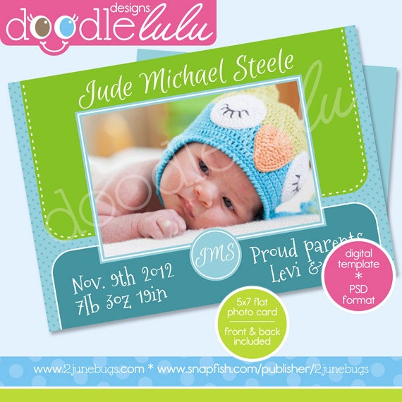 INSTANT DOWNLOAD Digital Printable 5x7 Green / Teal / Blue Polka Dot Monogram Baby Announcement Card Template (Photoshop) PSD Il_570xn