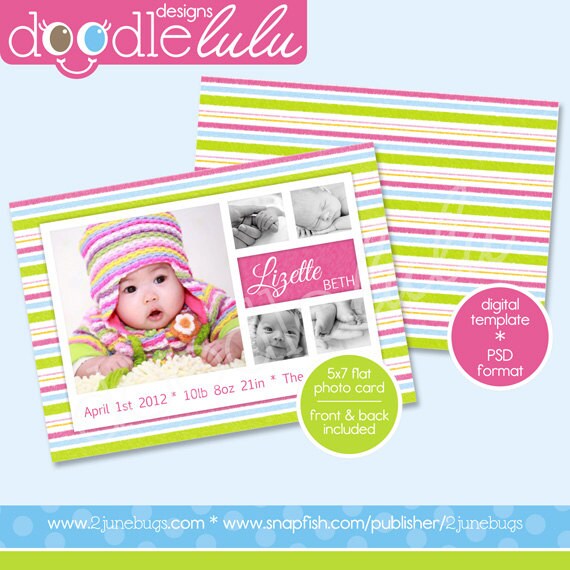 INSTANT DOWNLOAD Printable 5x7 Multicolored Striped Baby Girl Photo Card Birth Announcement Template - from Doodlelulu by 2 june bugs Il_570xn