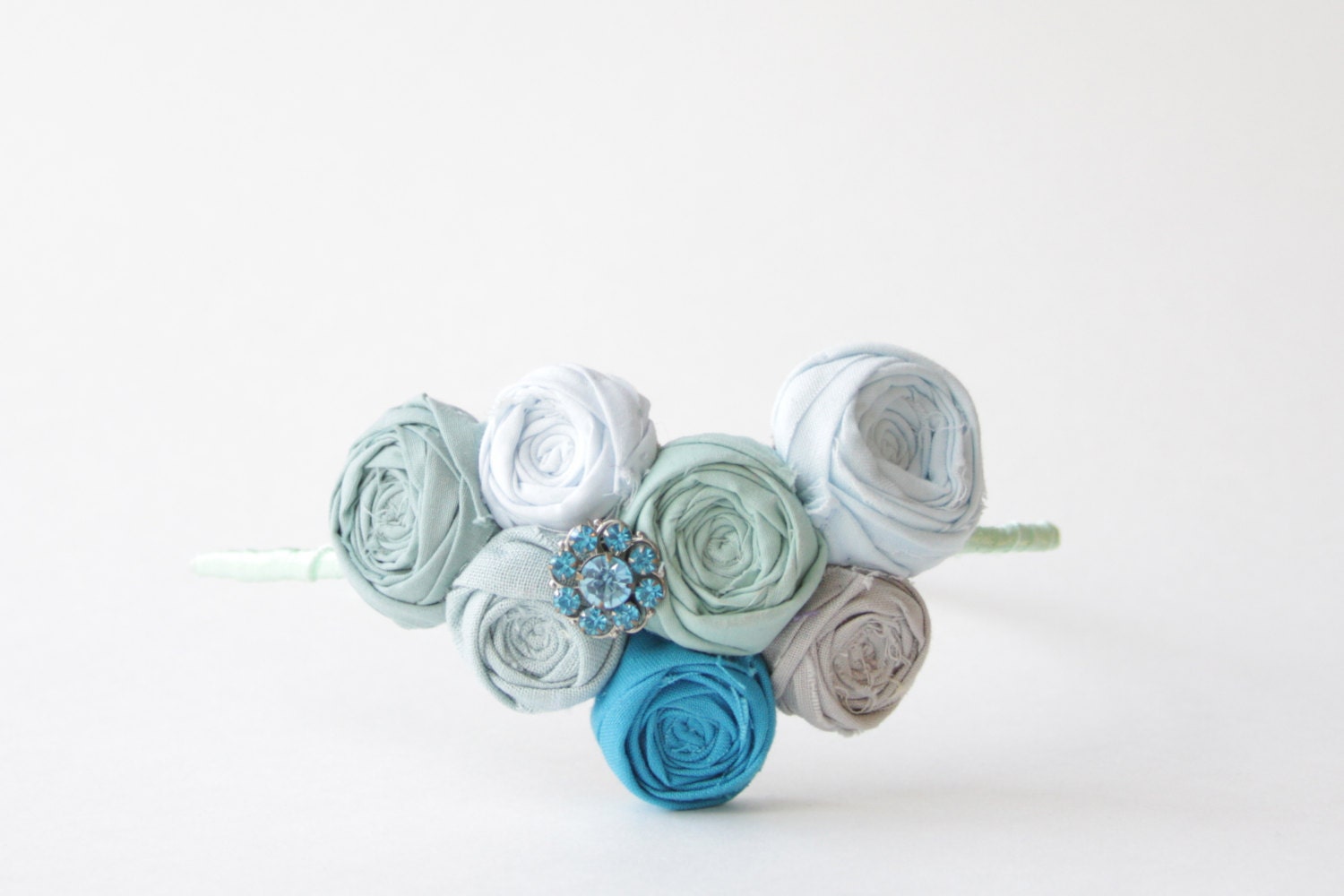 SALE Rosette Couture Headdress Headband with Real Vintage blue rhinestone brooch blue cotton roses Trio Flower Ribbon Wrapped Headband