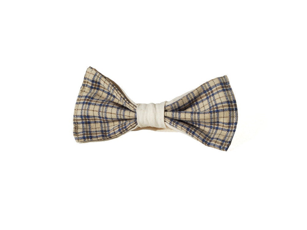 Checkered Boys Beige Navy Blue and Ivory Bow Tie, Kids Toddler Chic Elegant, Wedding, Twins Set - morion