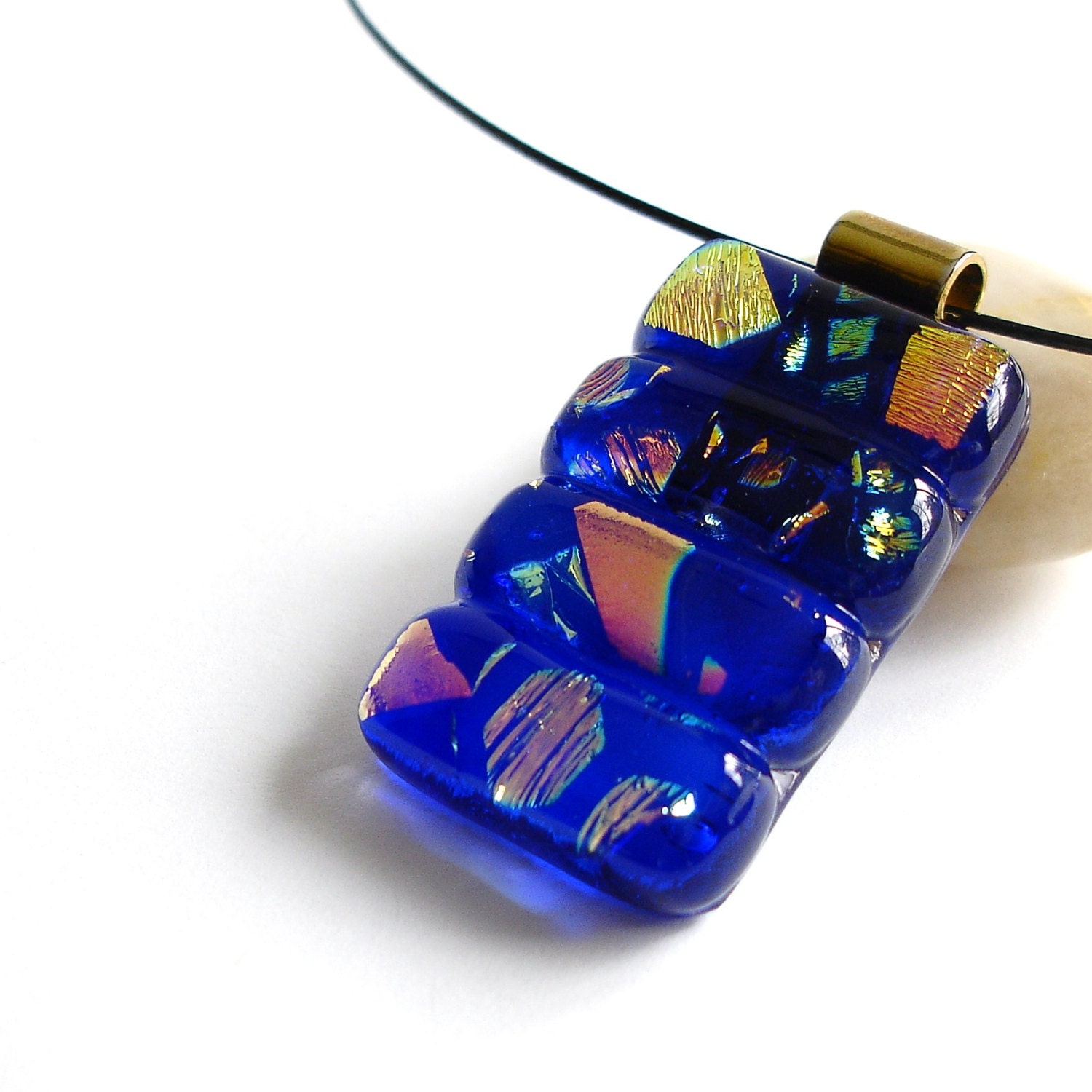 Clearance Sale, Cobalt Blue Pendant, Fused Glass Jewelry, Blue and Orange Necklace