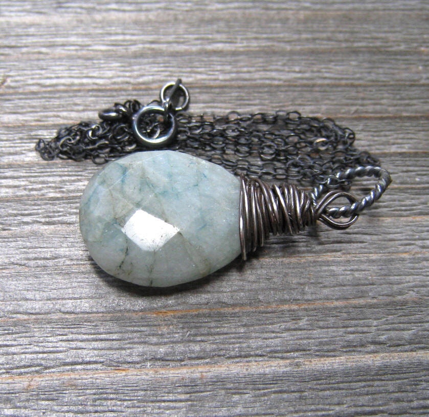 Oregon Opal Necklace Faceted Pear Briolette Aqua Opal Sterling Silver Hand Wire Wrapped