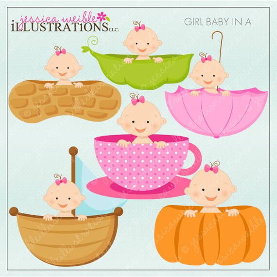 Girl Baby in A Cute Digital Clipart for Card Design, Scrapbooking, and Web Design, Peapod Baby, Pumpkin Baby Il_570xn