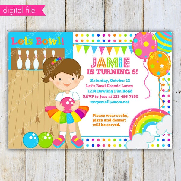 Girly Rainbow Bowling Theme - BRUNETTE - Printable Invitation- BLANK Party Invitation- Rainbow Bowling Party Printable Invite Il_570xn