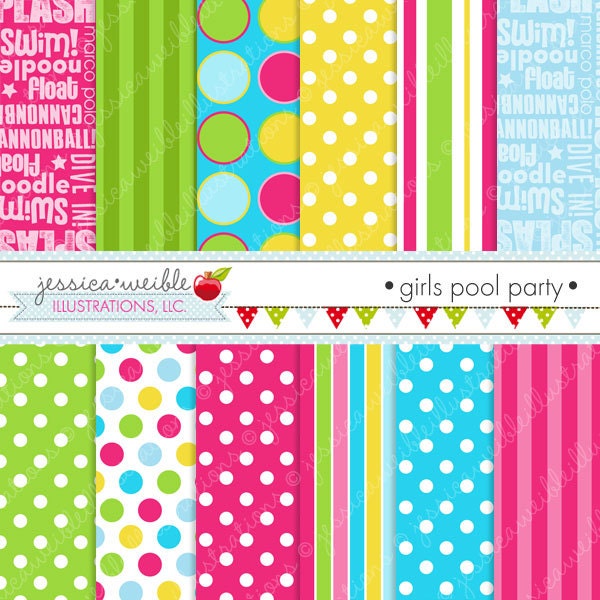 Girls Pool Party Cute Digital Paper Backgrounds for Commercial or Personal Use, Girls Summer Papers, Patterns Il_570xn