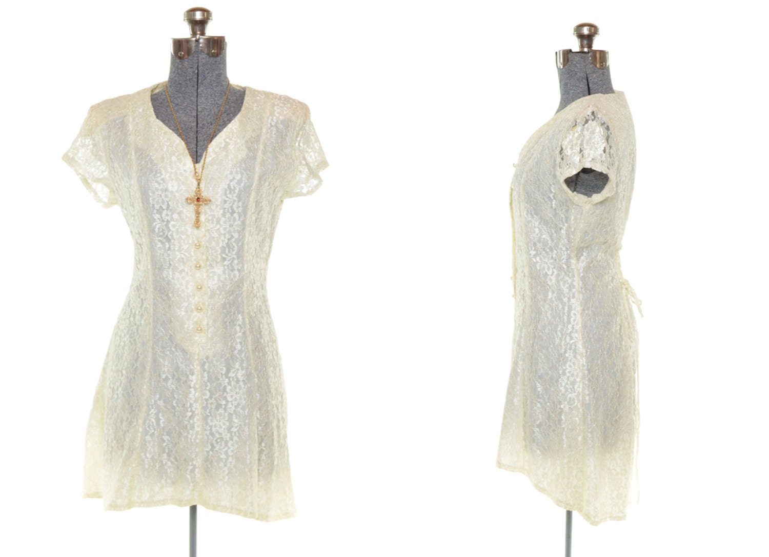 Vintage 80s Dress Cream Lace Romantic Grunge Mini Corset Tie In Back Size Small