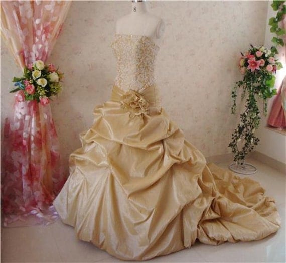 Beautiful Gold Wedding Dress with Beaded Lace Bodice