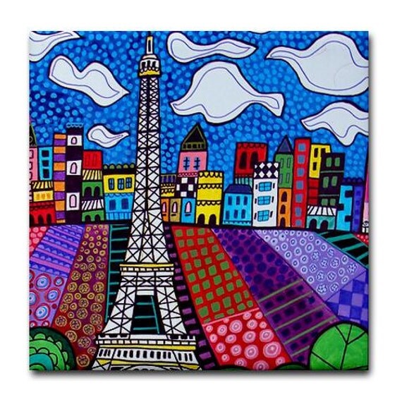Paris France Art Tiles - Eiffel Tower - Ceramic Tile Art - Cityscape City Art -Modern Abstract Print on Coaster