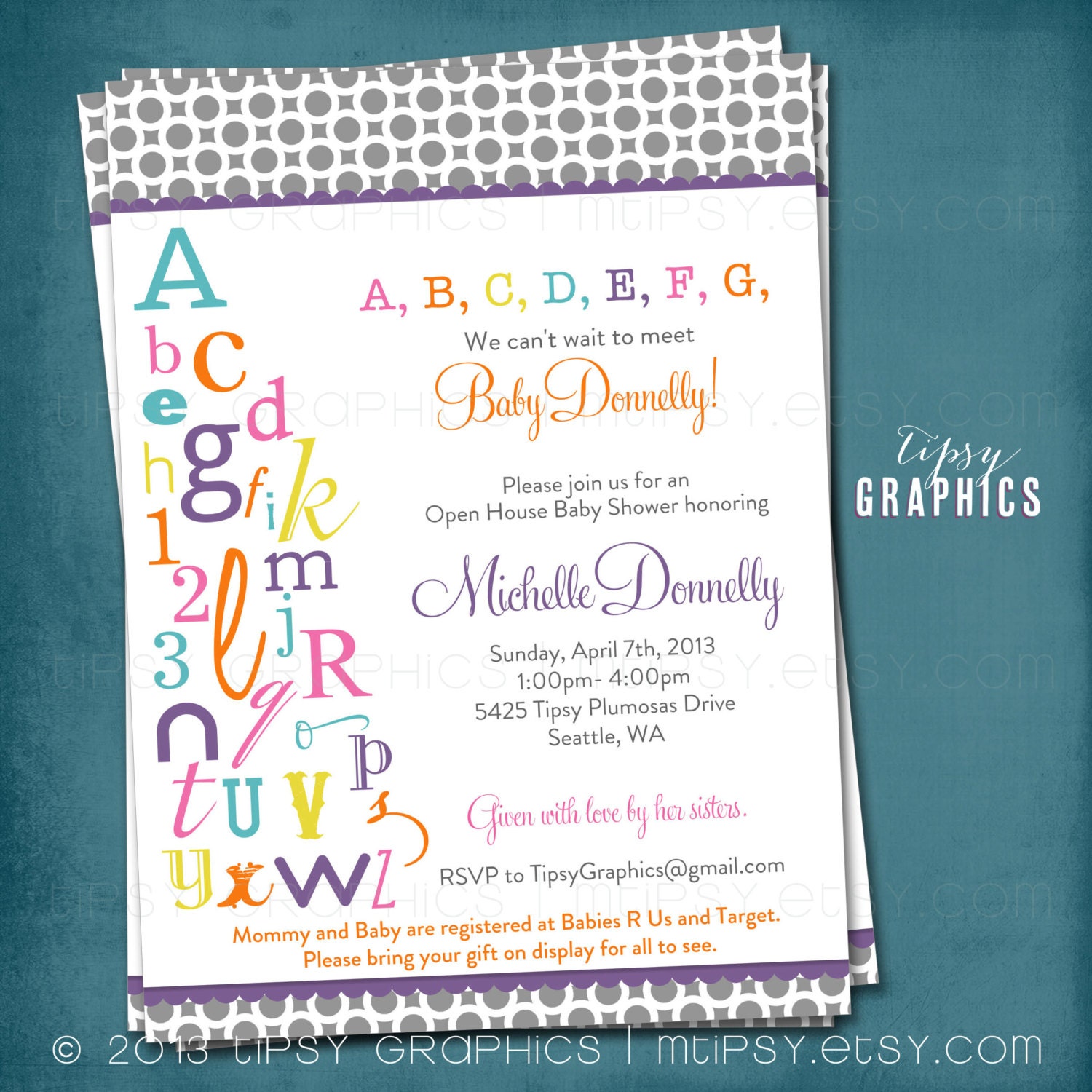 ABC Colorful Rainbow Alphabet Baby / Bridal Shower Invitation. Bring a letter. Any colors and text by Tipsy Graphics Il_570xn