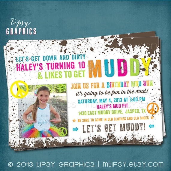 Peace & Mud. Down and DIRTy. Paint Ball. Color Run. Customized Birthday Party Photo Invite by Tipsy Graphics. Any Text. Il_570xn