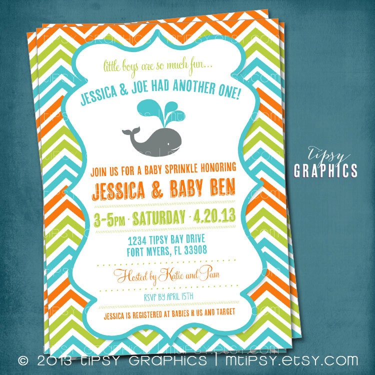 Baby Whale Chevron Baby Sprinkle Shower or Birthday Invite by Tipsy Graphics. Orange Green Turquoise Il_570xn