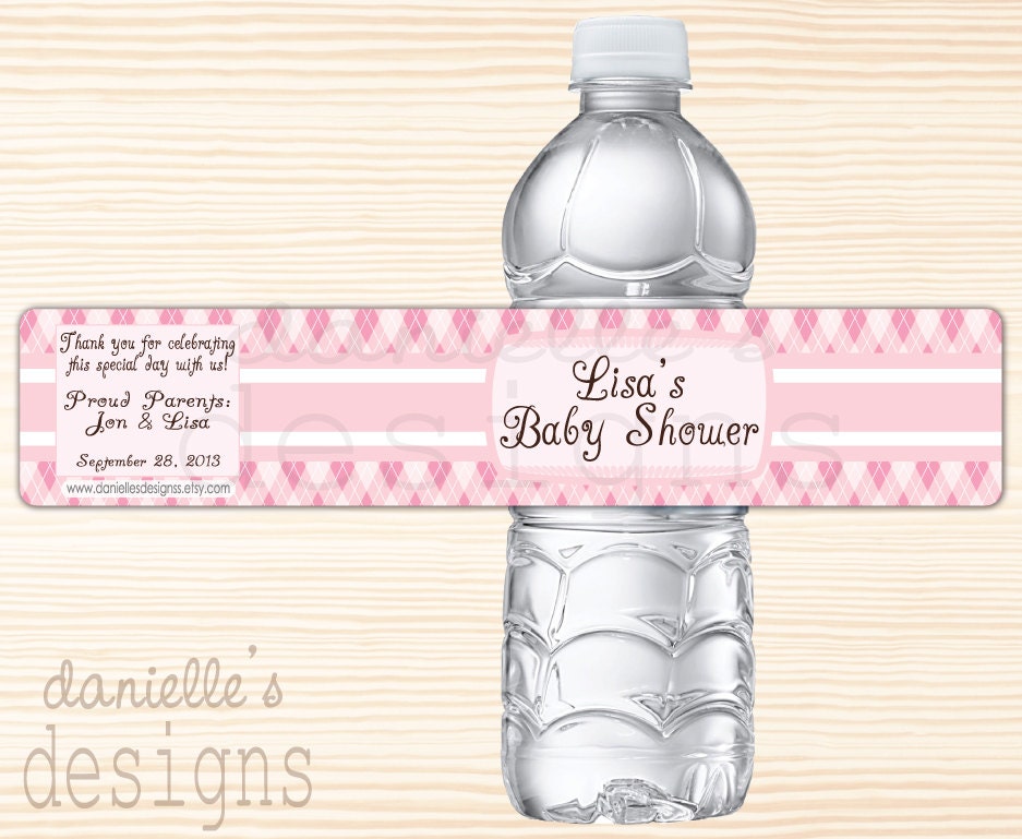 Pink or Brown and Pink Argyle Personalized Baby Shower Waterproof Water Bottle Labels - 35 Labels Il_570xn