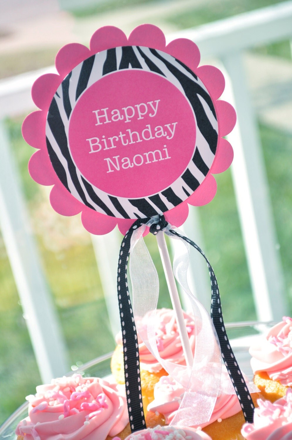 Cake Topper - Girl's 1st Birthday Party - Zebra Stripe - Pink, Black and White - Party Decorations Il_570xn