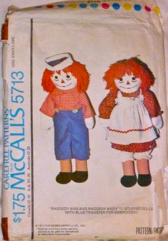 70s Raggedy Ann Andy Pattern McCall's 5713 UNCUT by PatternMatters